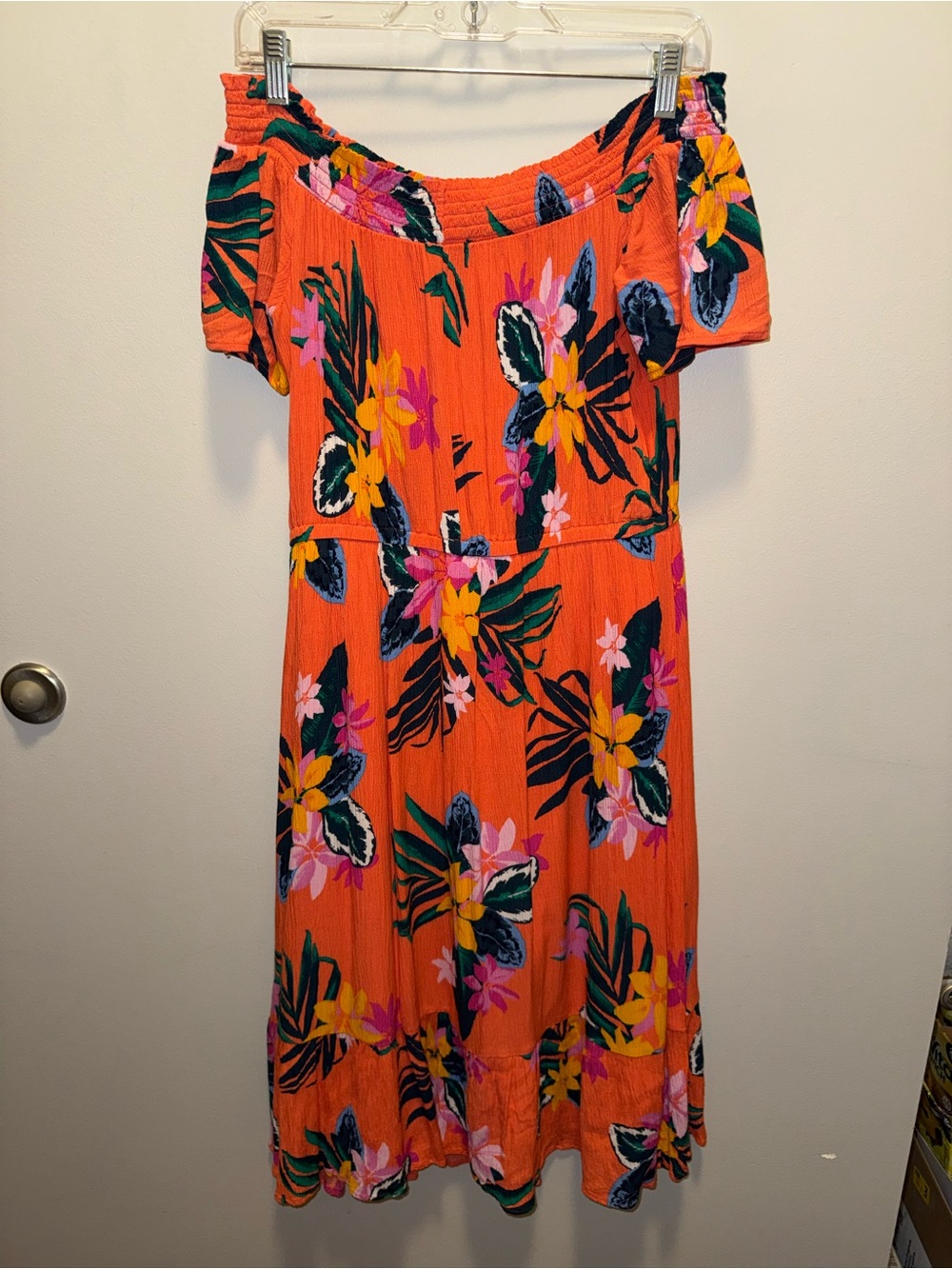 Old Navy Orange Tropical Floral Off-Shoulder Midi Dress